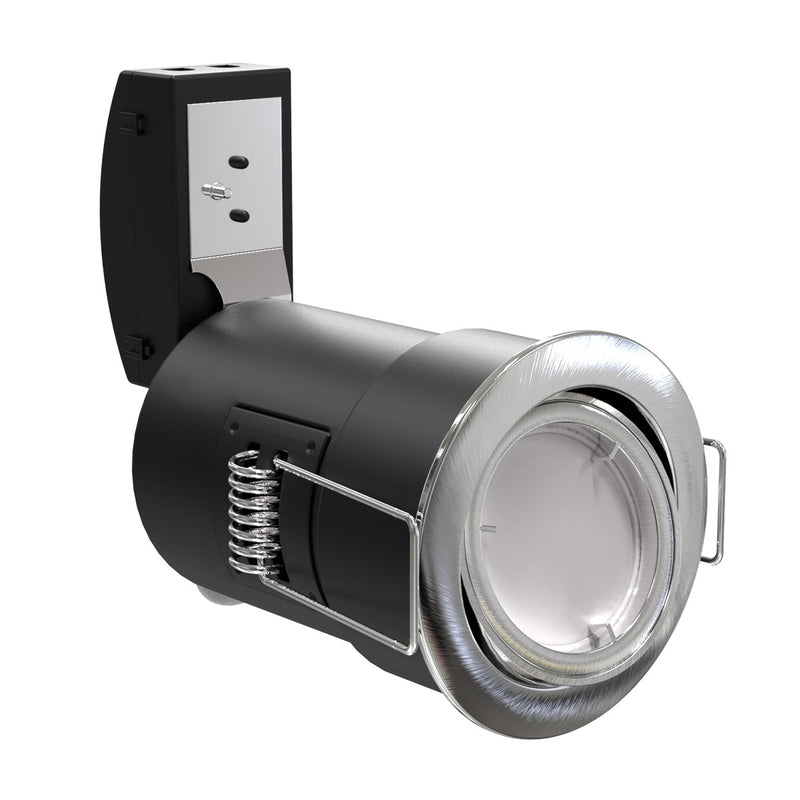 Side View Brushed Chrome Die-Cast, Tilt, Fire Rated Downlight.