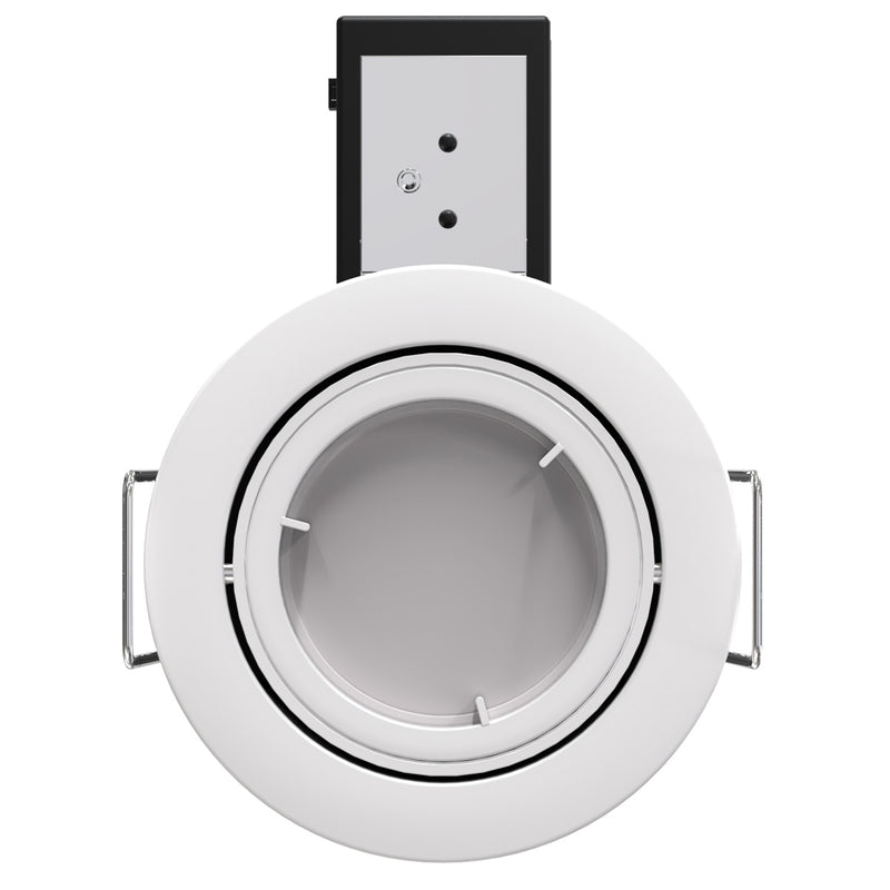 Front View White Die-Cast, Tilt, Fire Rated Downlight.