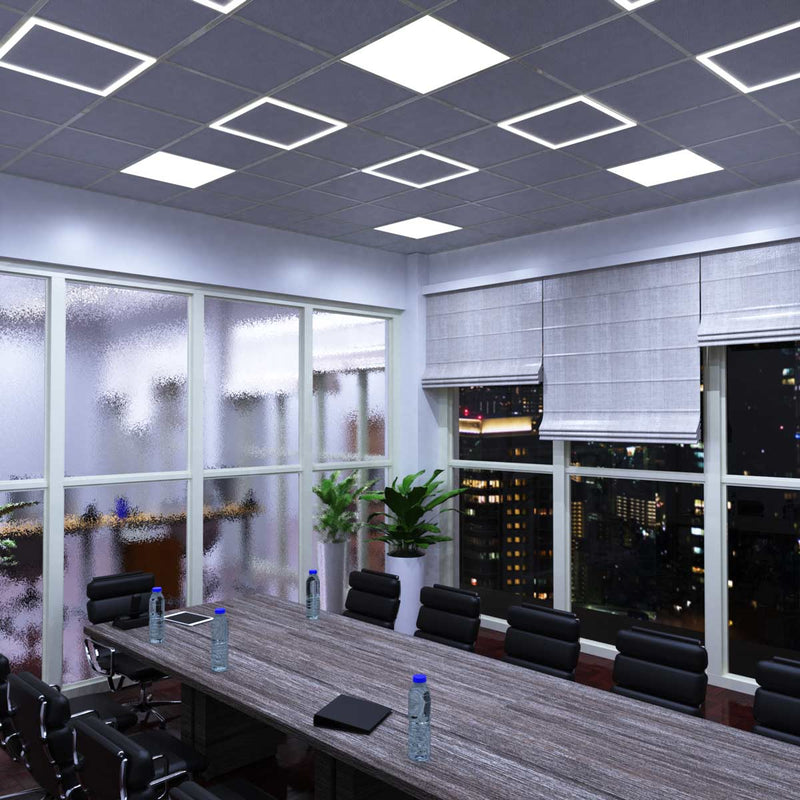 full shot of a ceiling with edge-lit LED panels in cool white light
