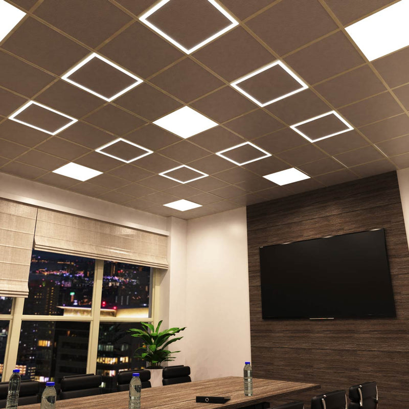 full shot of a ceiling with edge-lit LED panels in natural white light