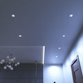 full shot of a ceiling with mounted cool white brushed chrome downlights