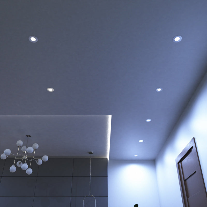 full shot of a ceiling with mounted cool white brushed chrome downlights
