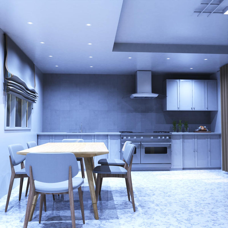 full shot of a kitchen with mounted white downlight in cool white light