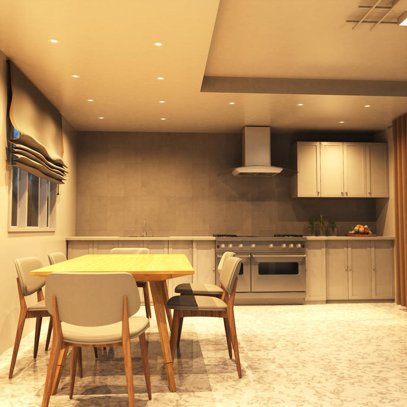 full shot of a kitchen with mounted white downlight in warm white light
