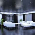 full shot of a living room with matt black downlight with cool white light
