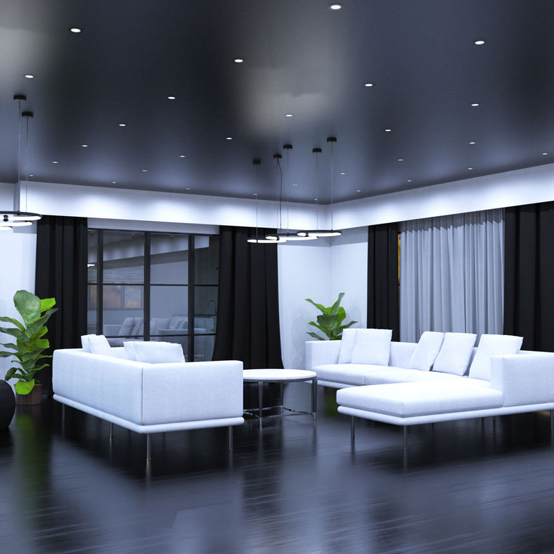 full shot of a living room with matt black downlight with cool white light