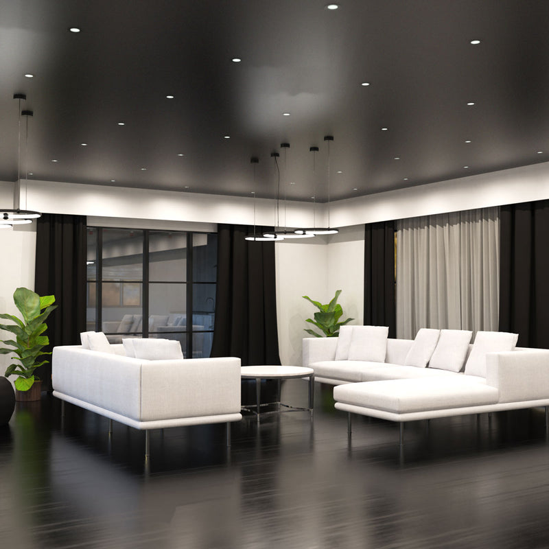 full shot of a living room with matt black downlight with natural white light