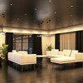 full shot of a living room with matt black downlight with warm white light