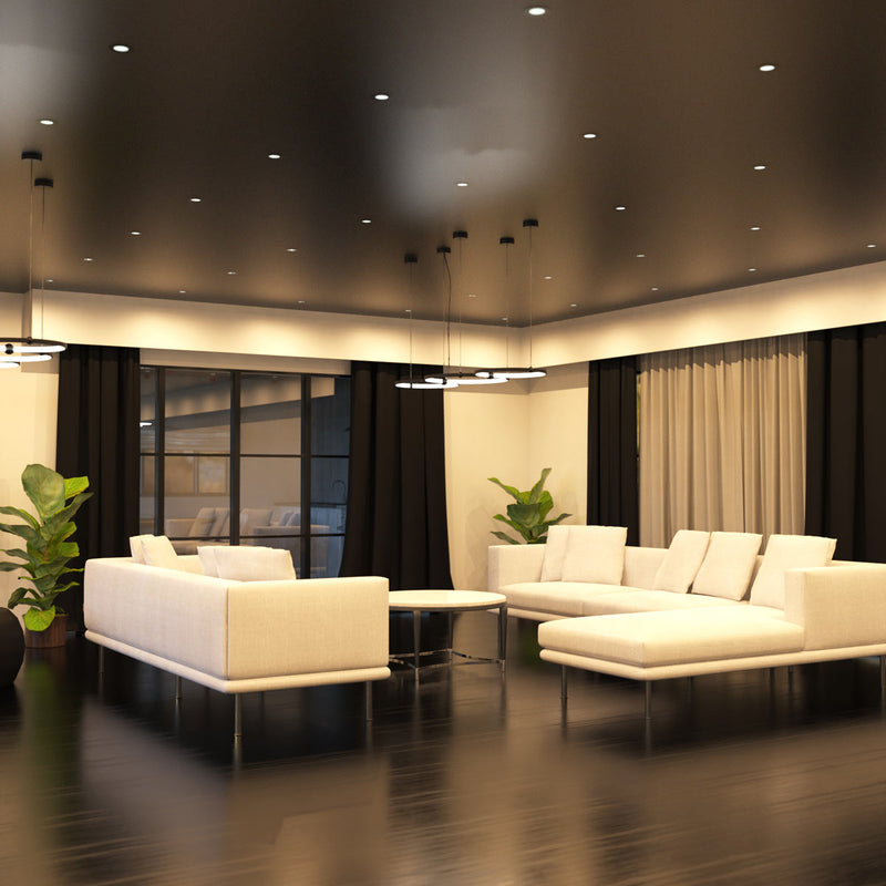 full shot of a living room with matt black downlight with warm white light
