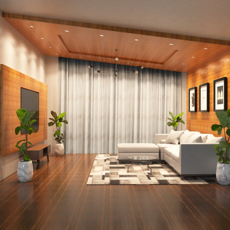 full shot of a living room with mounted chrome tilted downlights