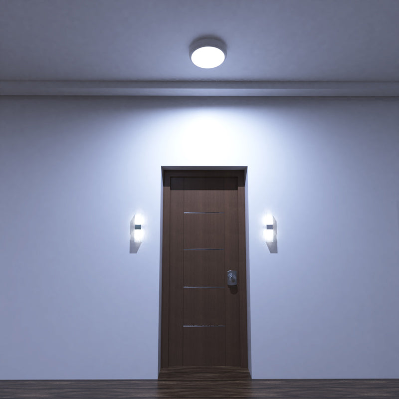 Full shot of a mounted LED polo bulkhead light with microwave sensor and cool white light