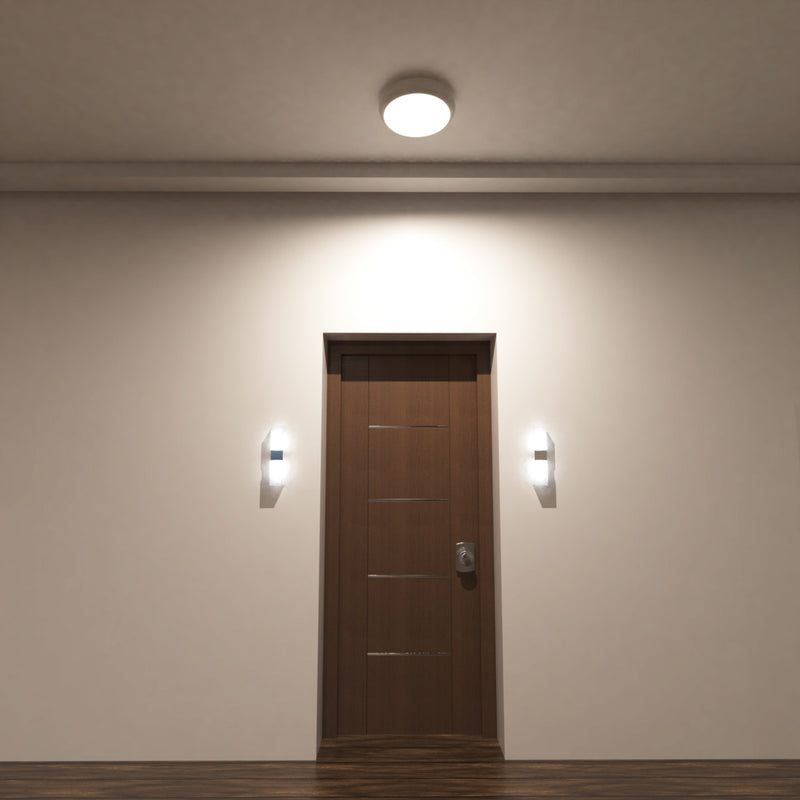 Full shot of a mounted LED polo bulkhead light with microwave sensor and natural white light