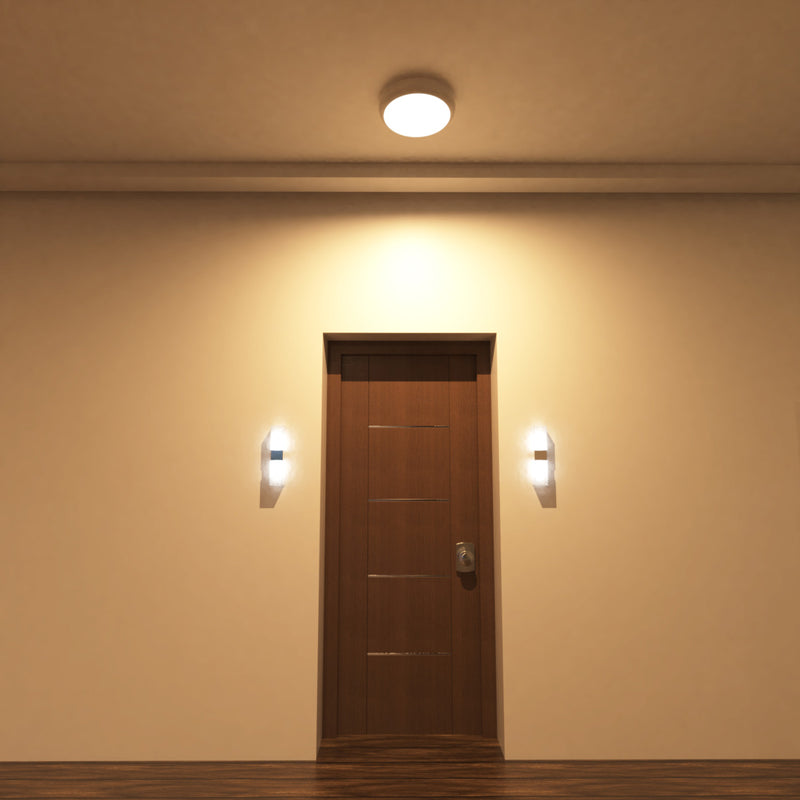 Full shot of a mounted LED polo bulkhead light with microwave sensor and warm white light