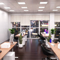 full shot of an office with cool white panels
