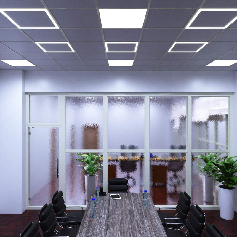 full shot of an office with edge-lit LED panels in cool white light