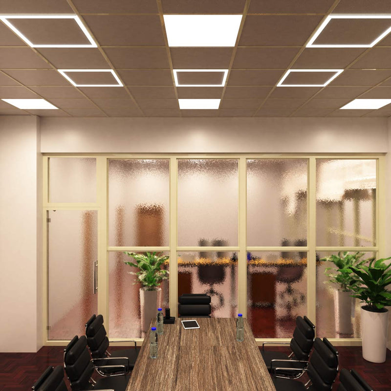 full shot of an office with edge-lit LED panels in natural white light