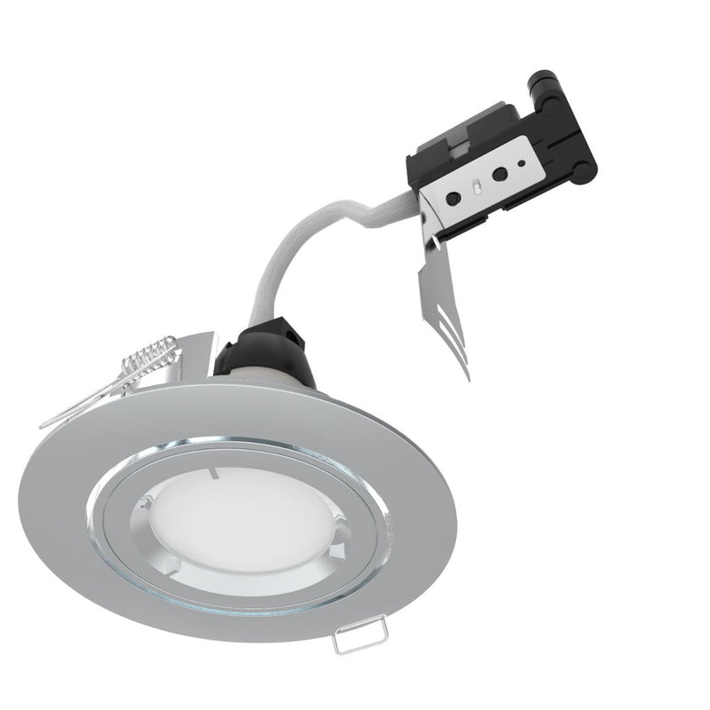 full side shot of a tilted chrome downlight