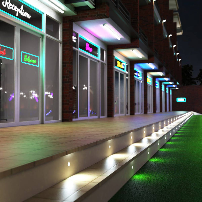 Full shot of stairs with cool white decking lights