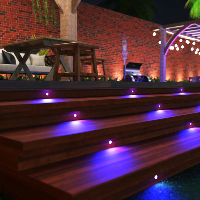 Decking steps with blue deck lights