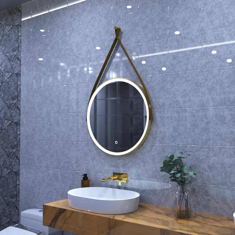 brushed titanium gold LED bathroom mirror in cool white light loo setting