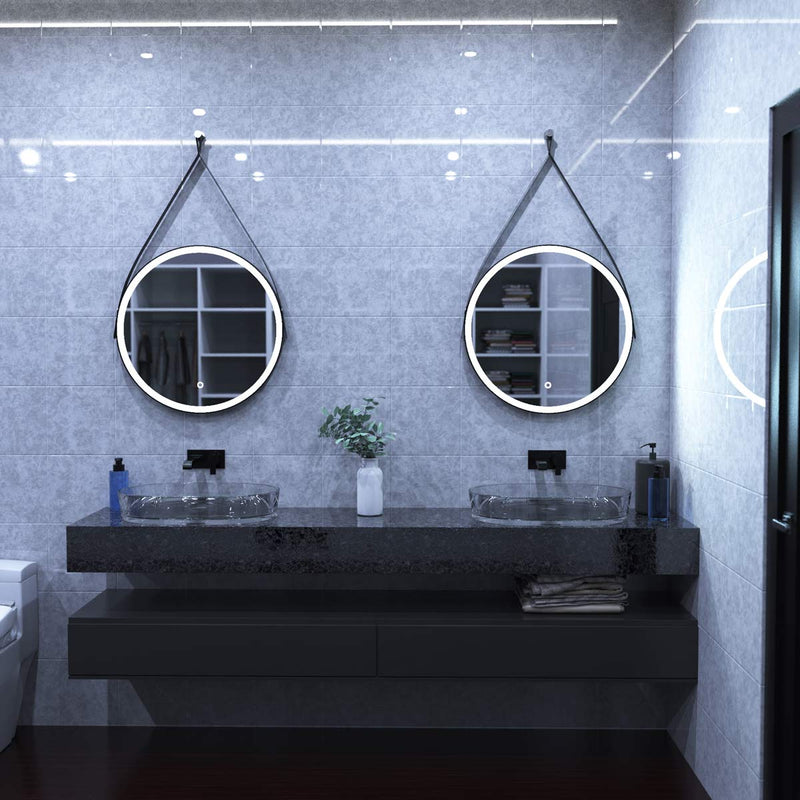 matte black LED bathroom mirror in cool white, powder room setting
