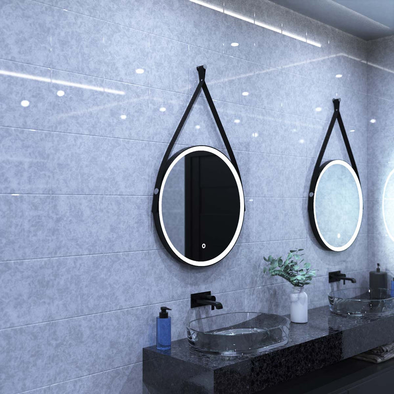 matte black LED bathroom mirror in cool white light mounted above the sinks