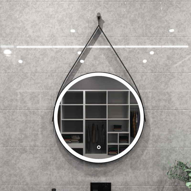 matte black LED bathroom mirror in natural white light front facing shot