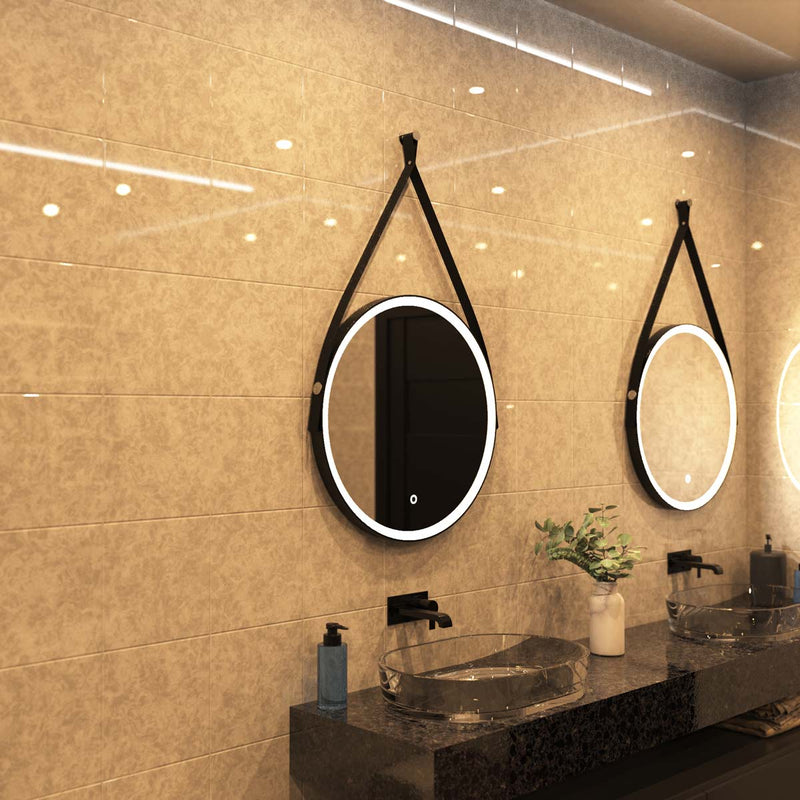 matte black LED bathroom mirror in warm white light mounted above the sinks