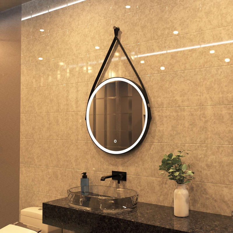 matte black LED bathroom mirror in warm white light inside the loo setting