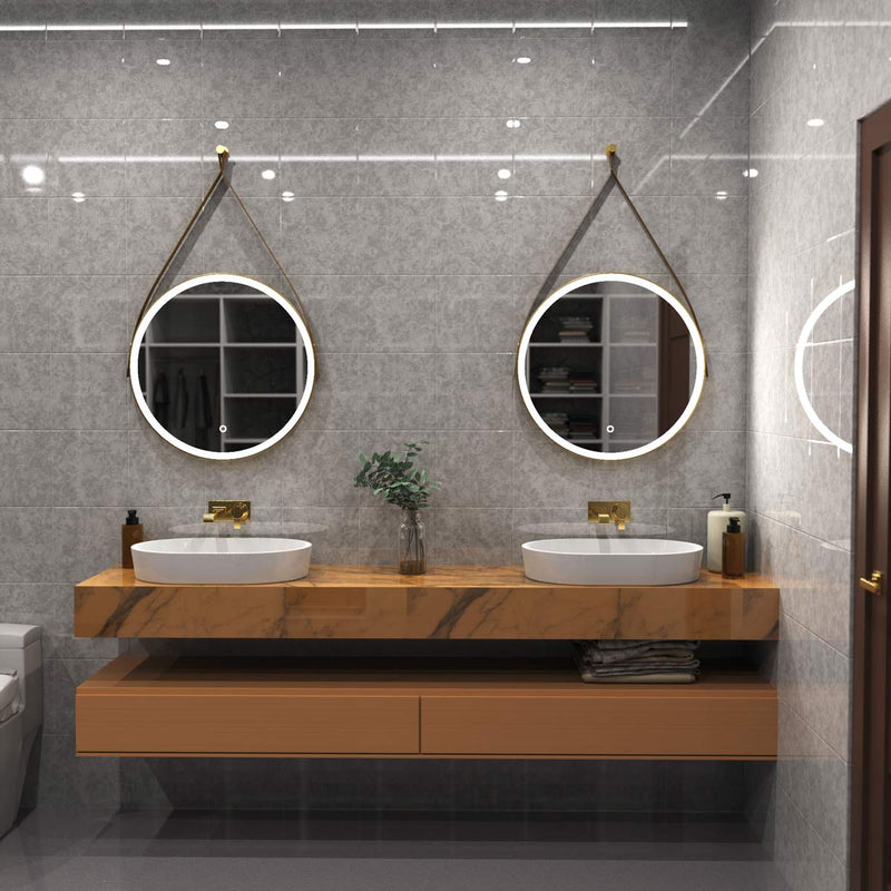 brushed titanium gold LED bathroom mirror in Natural white light powder room setting