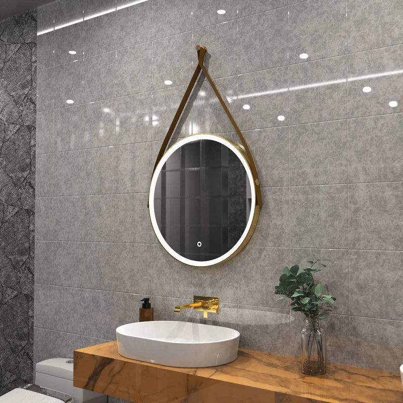 brushed titanium gold LED bathroom mirror in natural white light above the sink, bathroom setting