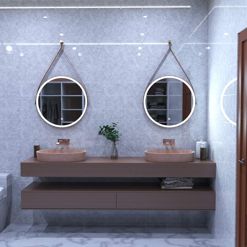 brushed rose gold bathroom LED mirror in cool white light, powder room setting
