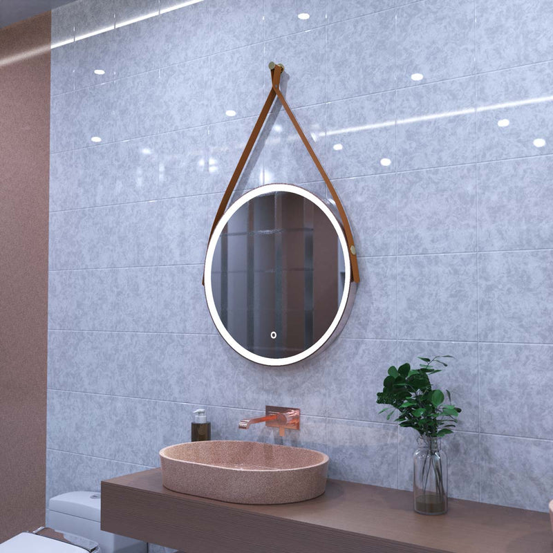 brushed rose gold bathroom LED mirror in cool white light, loo setting