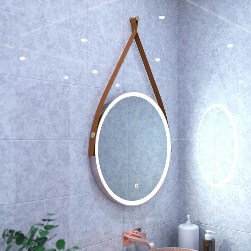 brushed rose gold bathroom LED mirror in cool white light, mounted above the sink