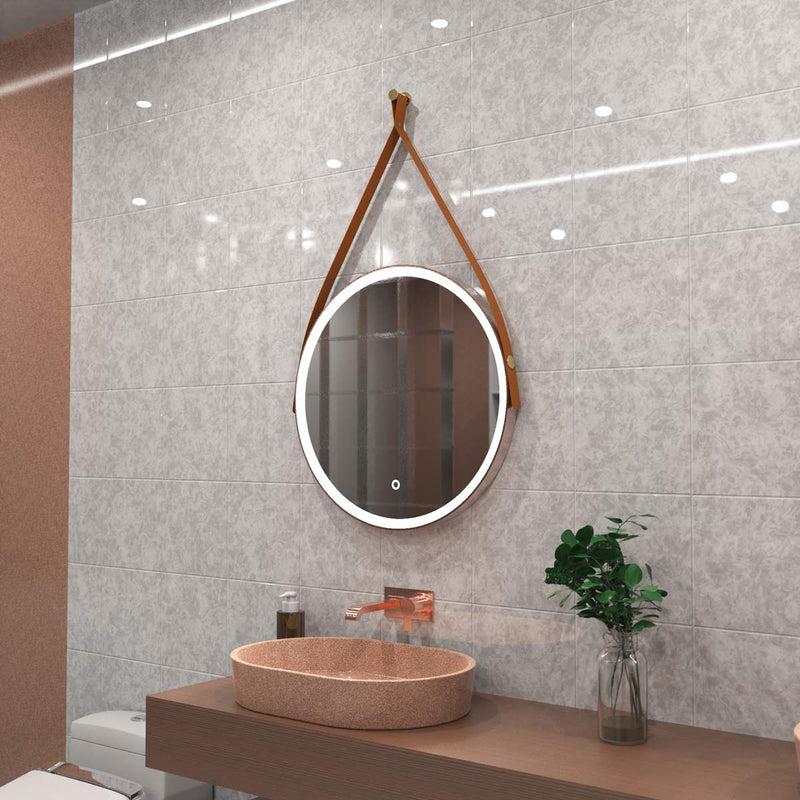 brushed rose gold bathroom LED mirror in natural white light mounted above the sink, loo setting