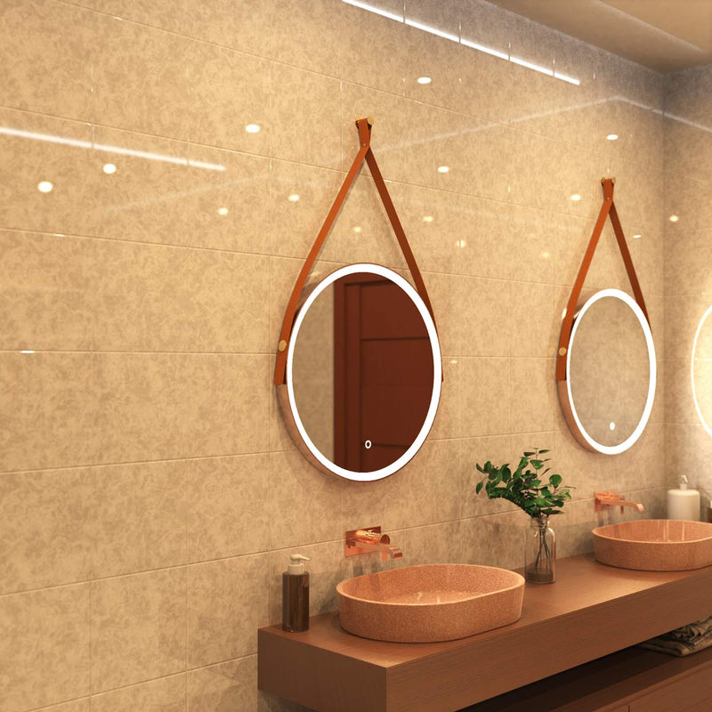brushed rose gold bathroom LED mirror in warm white light, mounted above the sinks