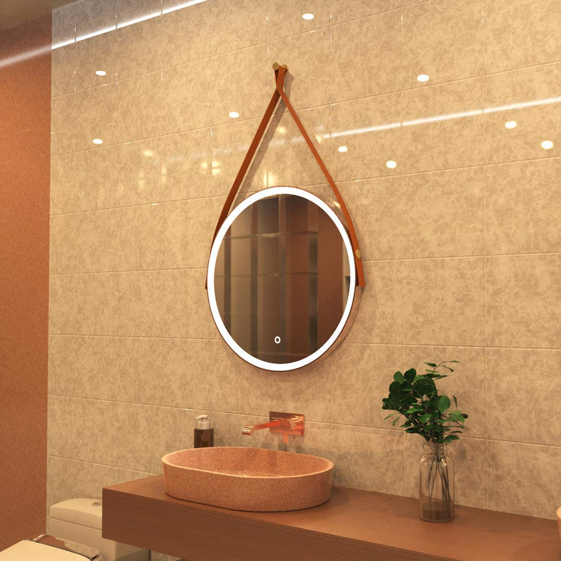 brushed rose gold bathroom LED mirror in warm white light above sink view