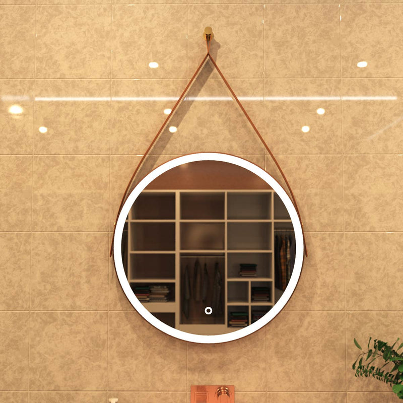 brushed rose gold bathroom LED mirror in warm white light front facing shot