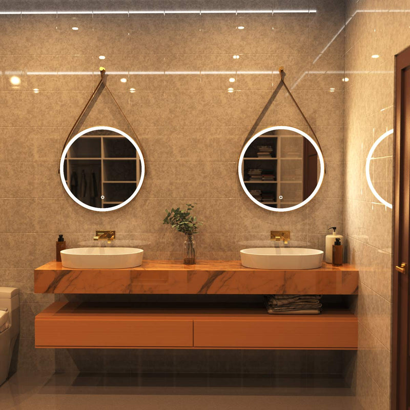 brushed titanium gold LED bathroom mirror in Warm white light powder room setting