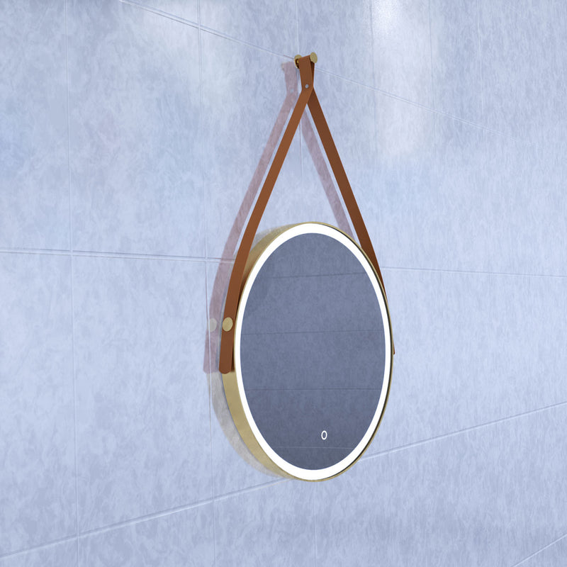 brushed titanium gold LED bathroom mirror in cool white light right angle shot