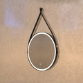 matte black LED bathroom mirror in warm white light facing left shot
