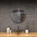 mid close up of a circular bathroom mirror