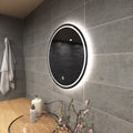 vanity with a round LED bathroom mirror in natural white light