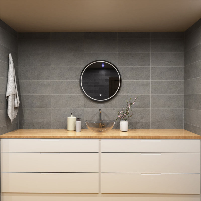 full shot of a vanity with a round LED bathroom mirror