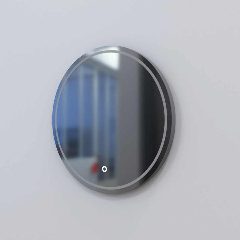 side of a round LED bathroom mirror switched off