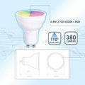 Smart GU10 lamp with dimensions and technical specifications