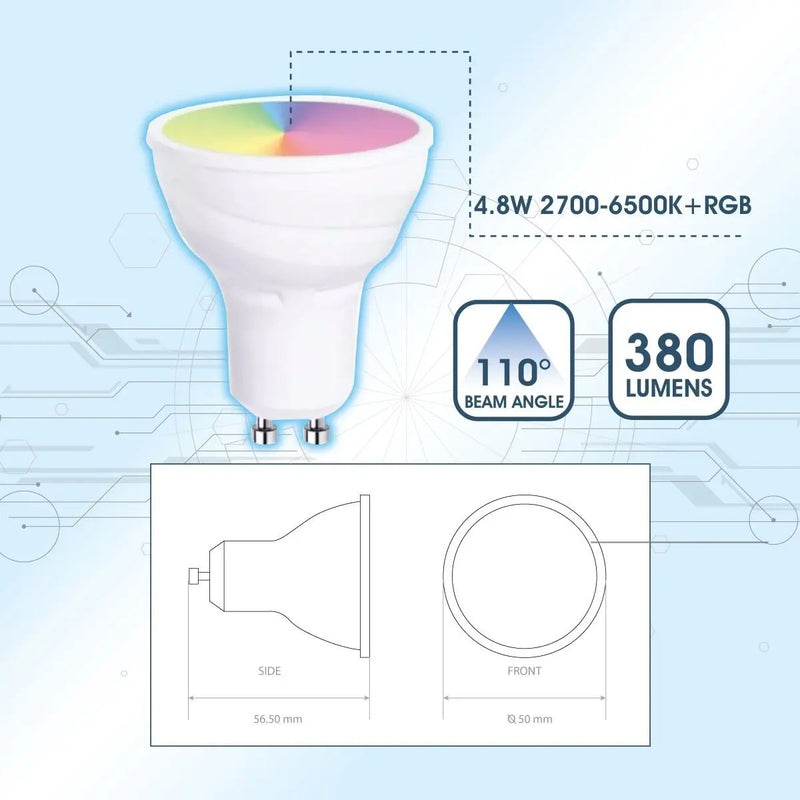 Smart GU10 lamp with dimensions and technical specifications