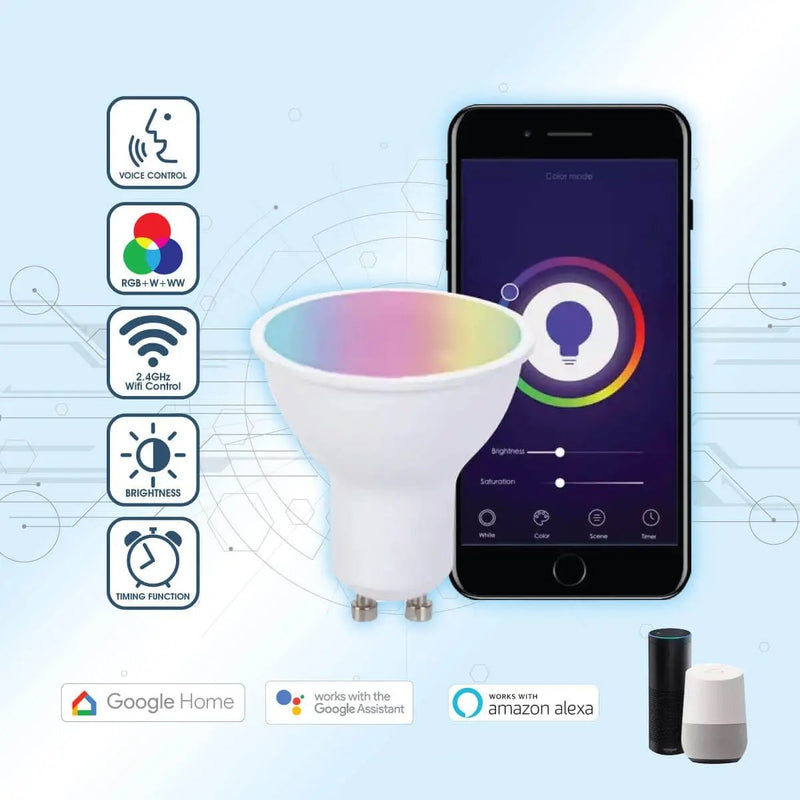 Smart GU10 Lamp with connectivity details and other features