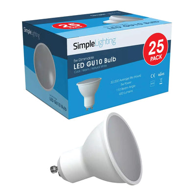 Pack of 25 5w Dimmable GU10 LED Bulbs in Cool, Natural or Warm White Light