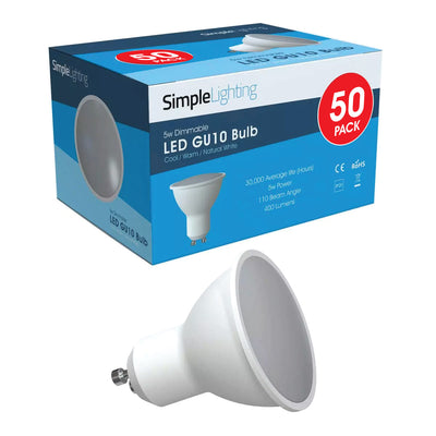 Pack of 50 5w GU10 Dimmable LED Bulbs - Cool, Natural or Warm White Light